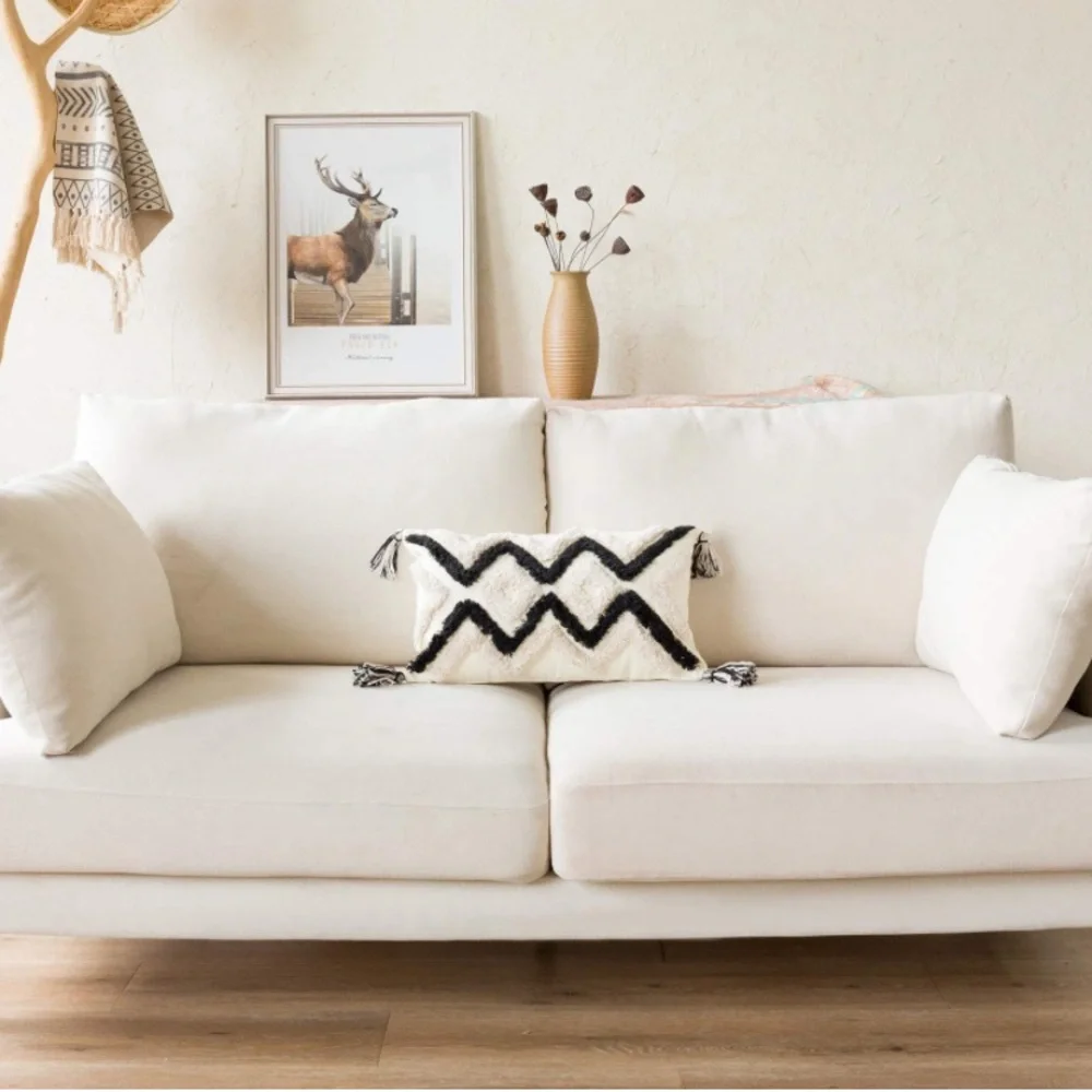 Luxury Home | Boho Chic Black & Cream Tufted Woven Tassel Lumbar Pillow Cover